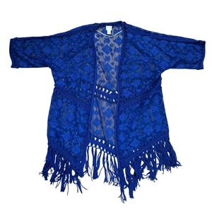 Chicos Royal Blue Lace Fringe Kimono Cardigan Boho 3 XL crotchet semi sheer